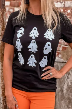 黑色万圣节幽灵图案 T 恤