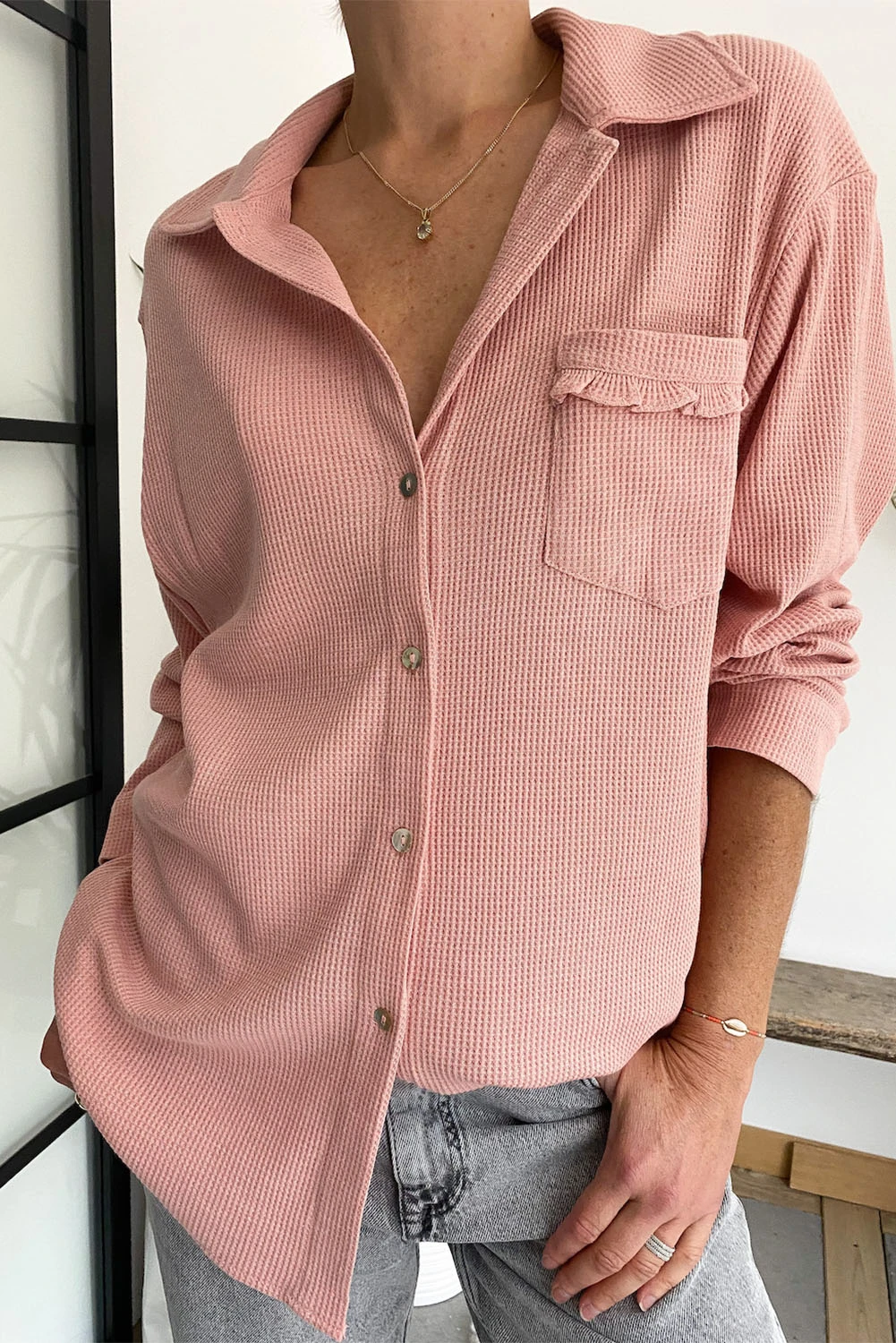粉色褶边口袋华夫格针织衬衫 LC2553448