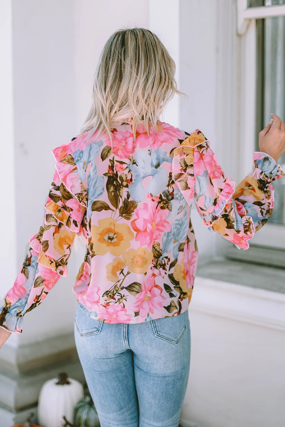 粉色花卉印花分层荷叶边长袖衬衫 LC25120775