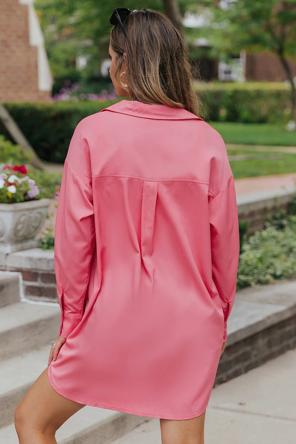 粉红色纯色长袖宽松束腰衬衫 LC2553566
