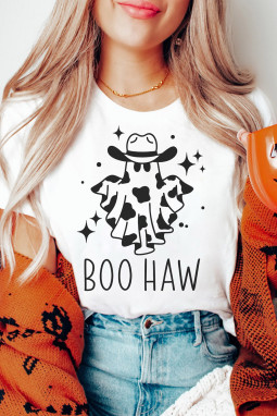 白色万圣节 BOO HAW 图案圆领 T 恤