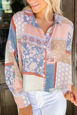 多色混合波西米亚印花泡泡袖宽松衬衫
