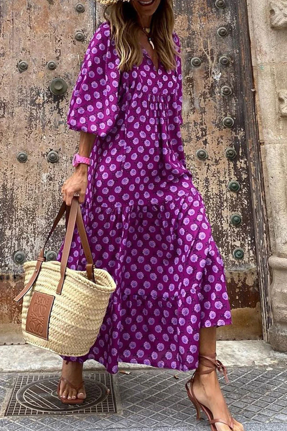 紫色波西米亚风印花泡泡袖超长连衣裙 LC6115296