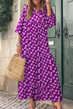 紫色波西米亚风印花泡泡袖超长连衣裙