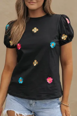 黑色刺绣花朵短款泡泡袖 T 恤