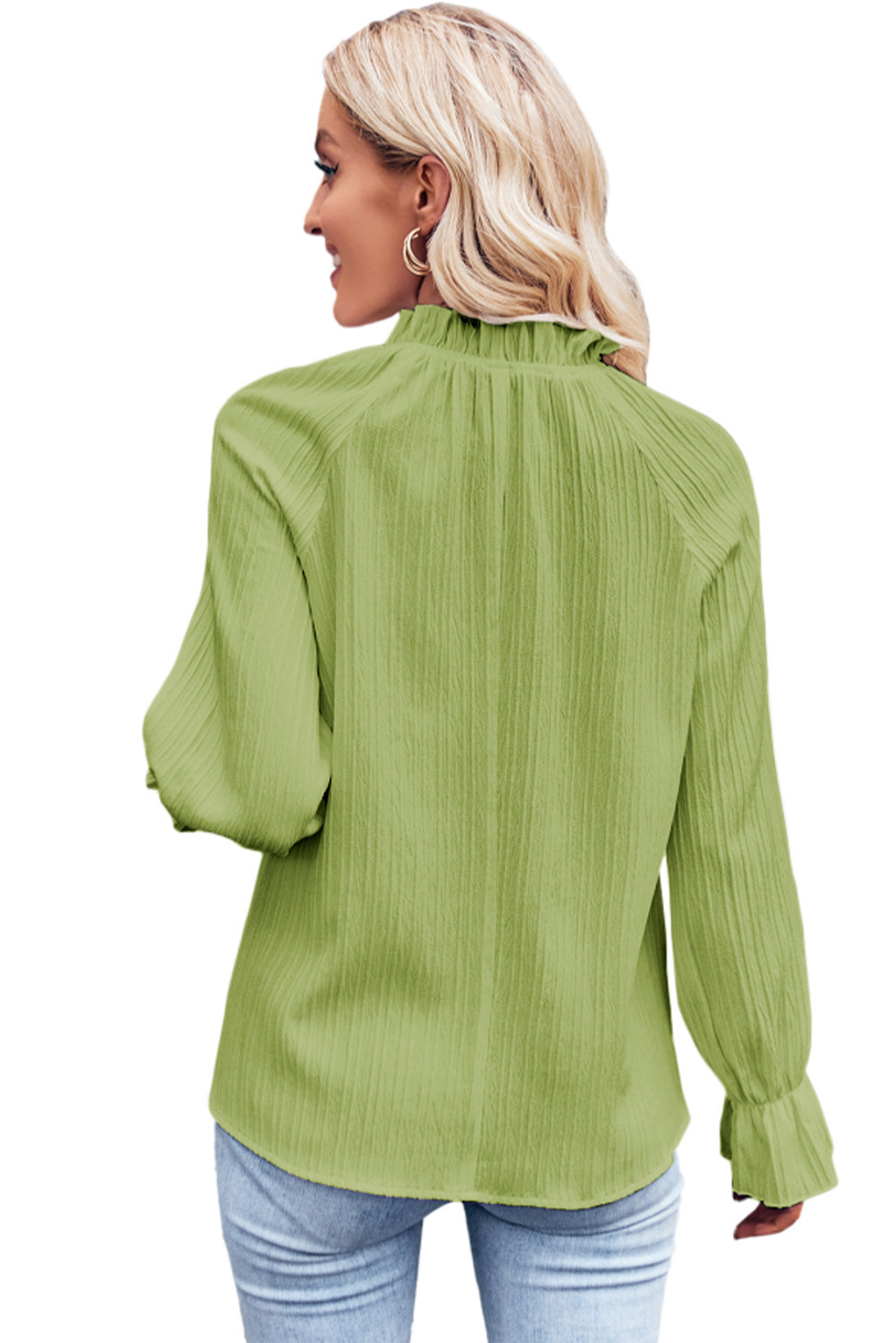 绿色褶边小高领波纹泡泡袖衬衫 LC25123206