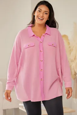 粉色大码华夫格针织露缝衬衫