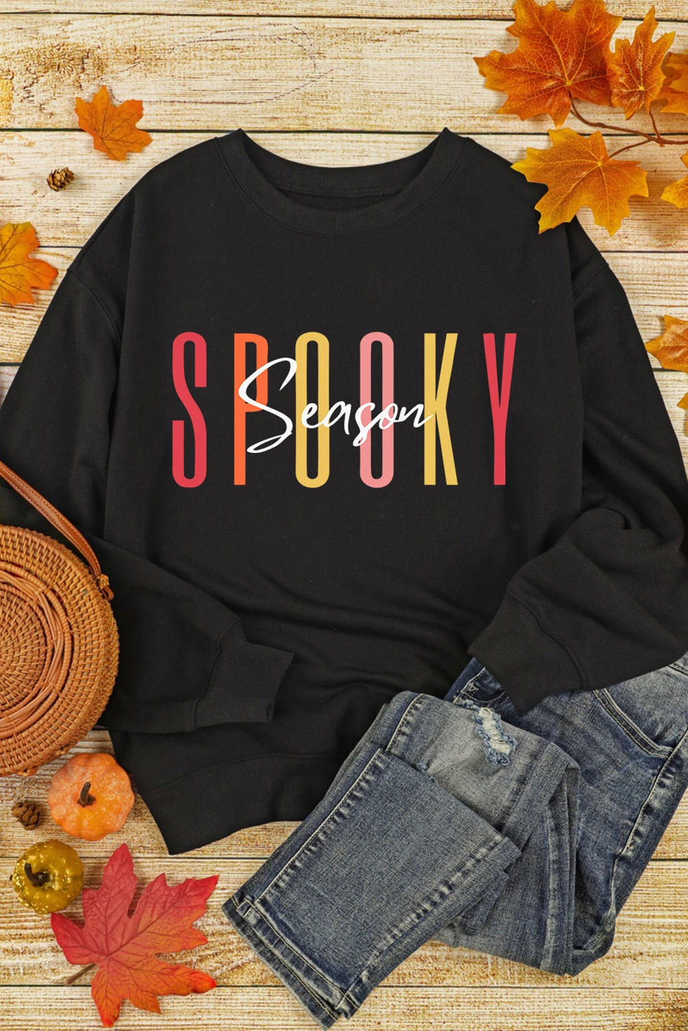 黑色 Spooky Season 休闲图案套头衫 LC25315397