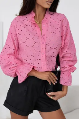 粉色镂空刺绣花卉衬衫