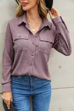紫色纽扣翻盖口袋罗纹针织衬衫外衣