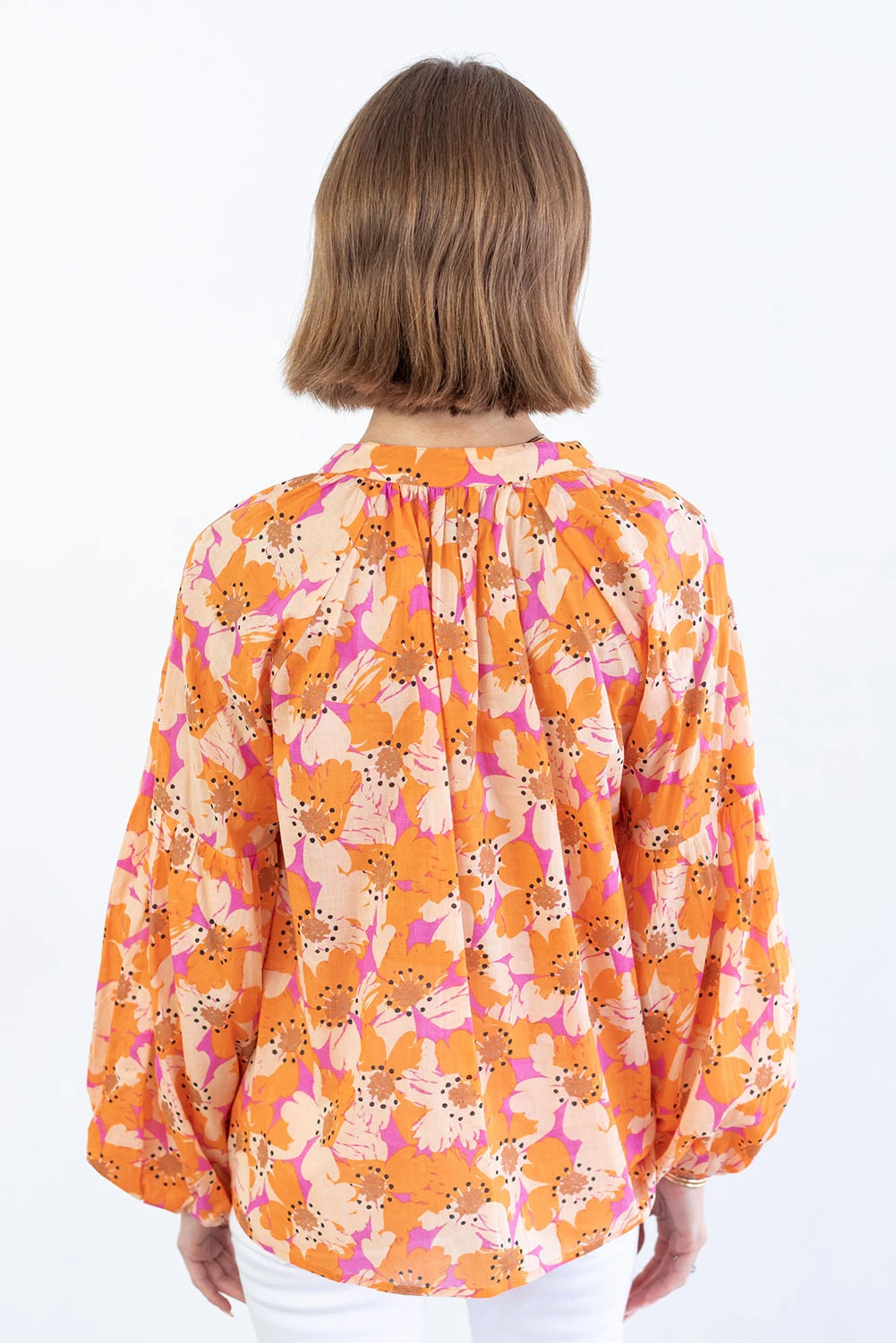 橙色花卉印花宽松袖衬衫 LC2553999