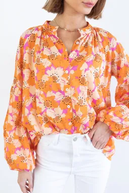 橙色花卉印花宽松袖衬衫