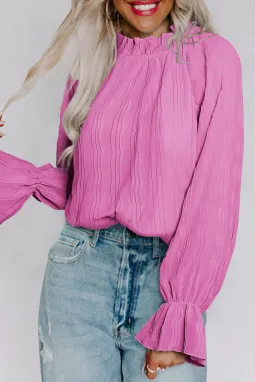 粉色褶裥喇叭形袖口长袖衬衫