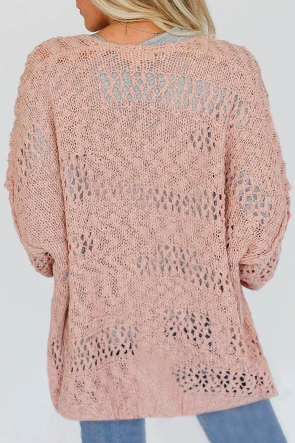粉色休闲镂空针织蝙蝠袖开衫 LC271960