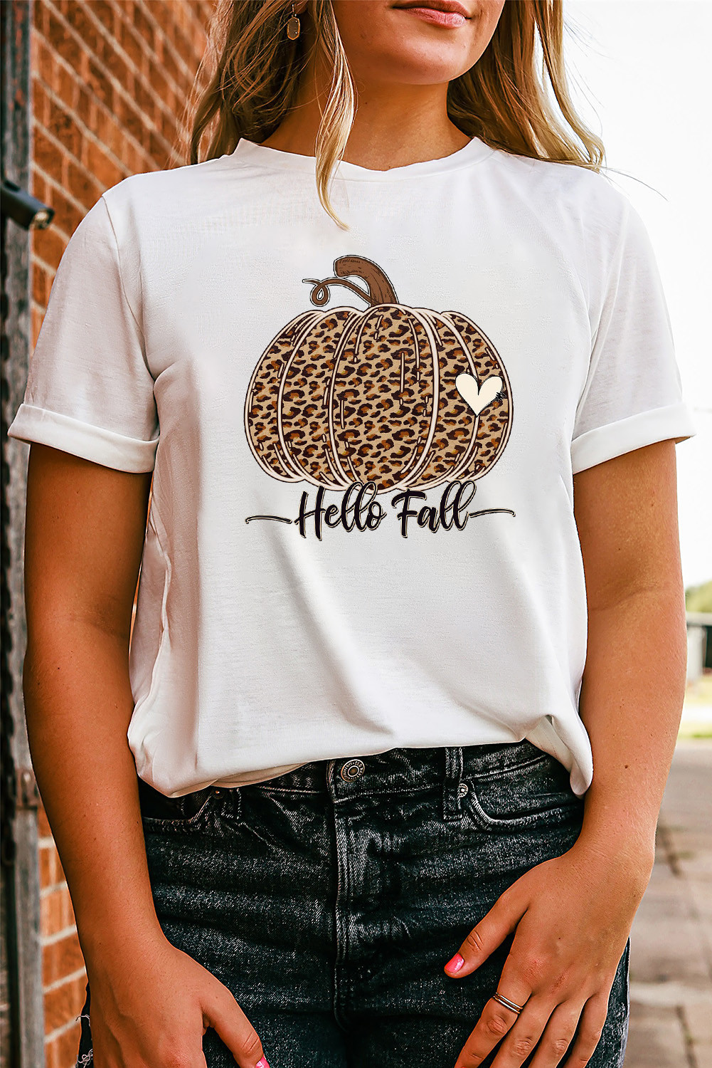 白色 Hello Fall 豹纹南瓜图案 T 恤 LC25222170