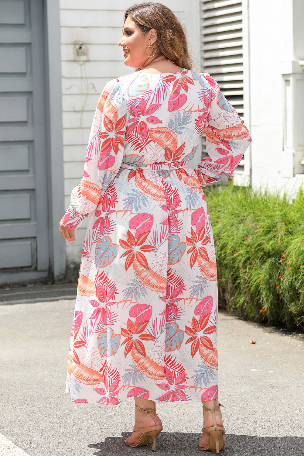 多色热带棕榈印花领带高腰大码超长连衣裙 LC6116278