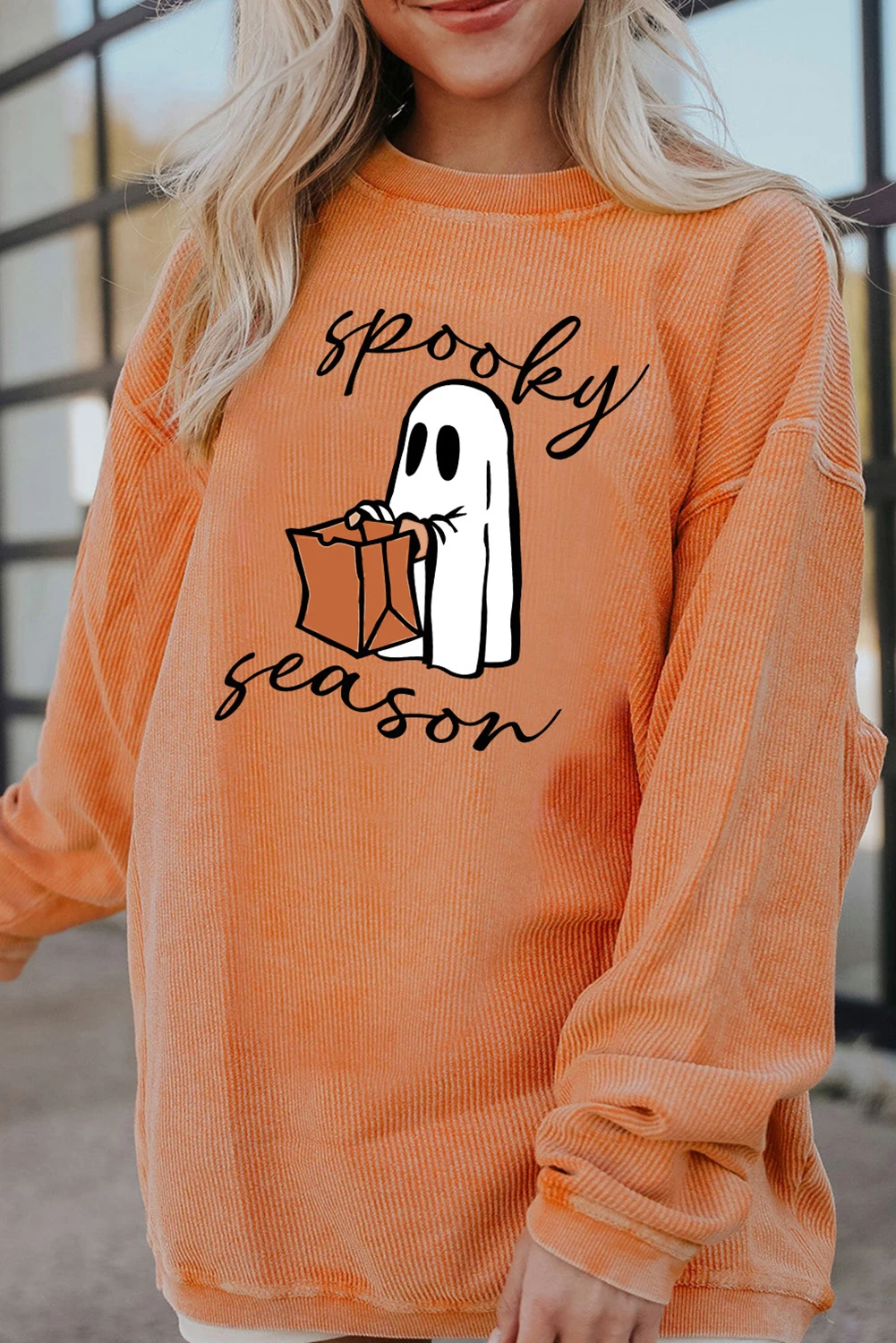 橙色 Spooky Season 幽灵印花罗纹套头衫 LC25312934
