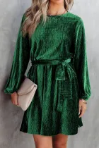 绿色腰部系带褶皱天鹅绒连衣裙