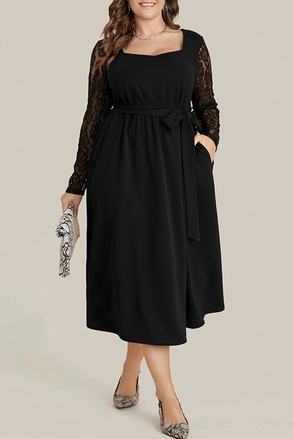 黑色加大码透明蕾丝袖束带荷叶边中长连衣裙 PL61918
