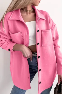 粉色纯色口袋系扣长袖衬衫外套