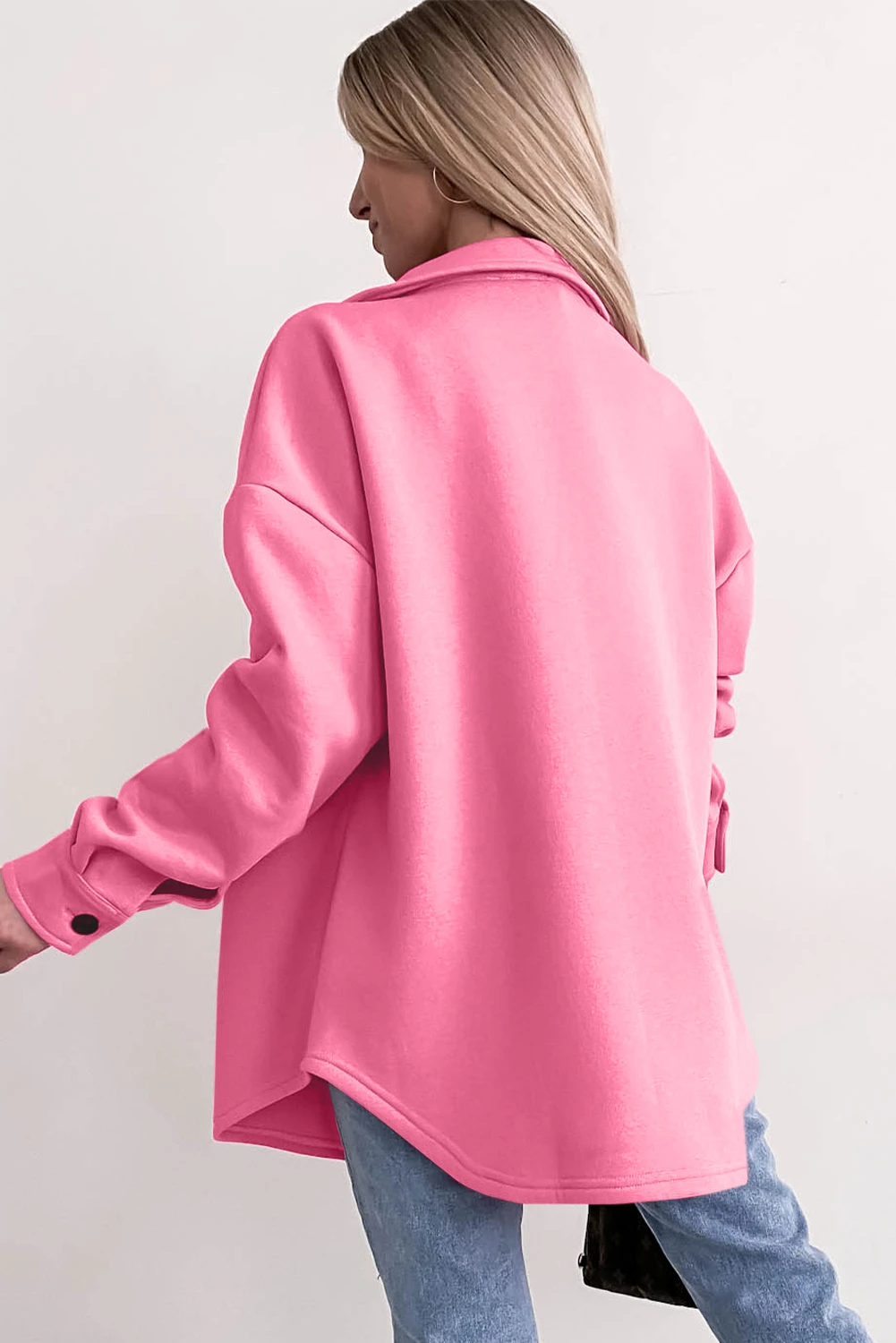 粉色纯色口袋系扣长袖衬衫外套 LC854294