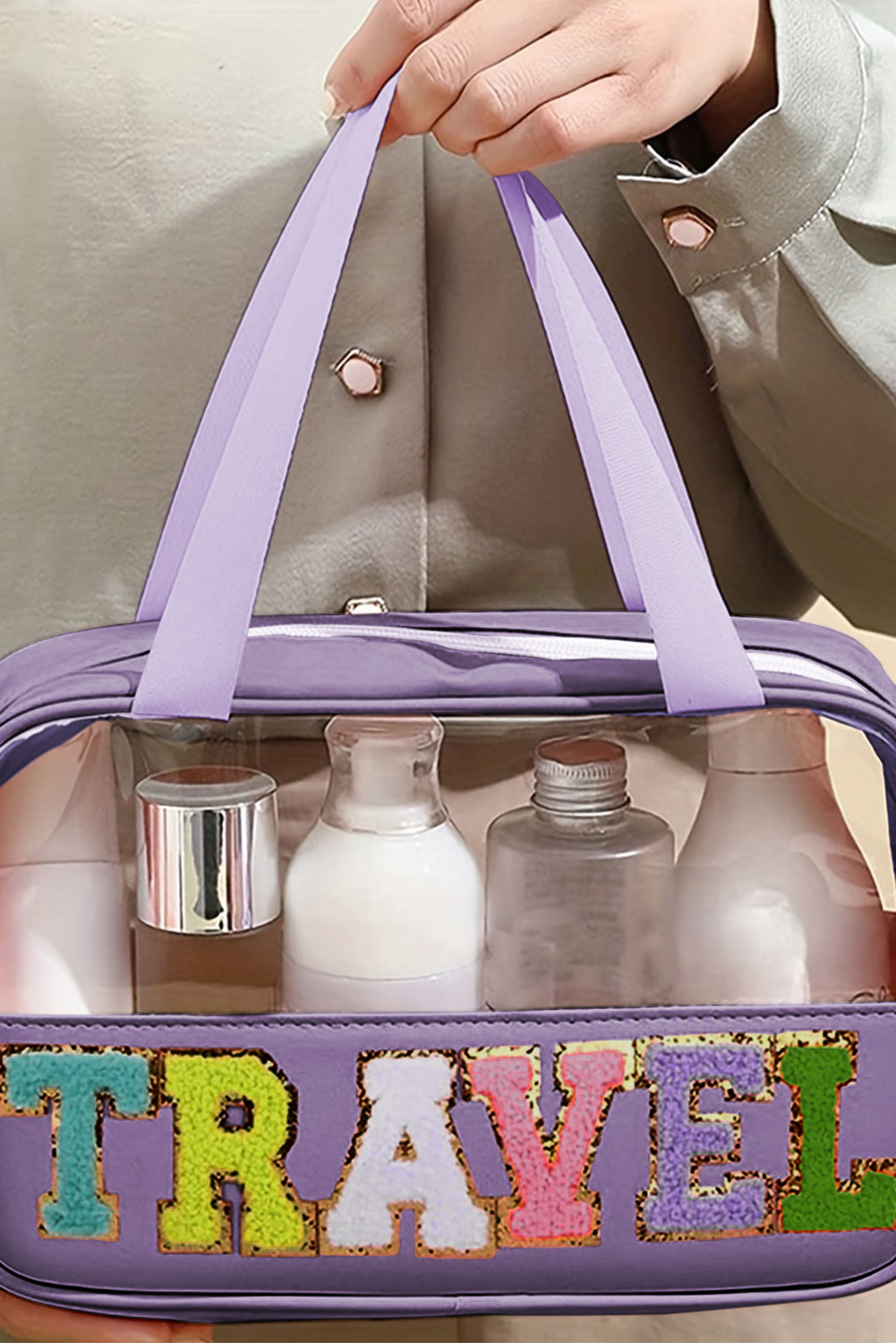 紫色 TRAVEL 雪尼尔字母透明 PVC 化妆包 BH03501