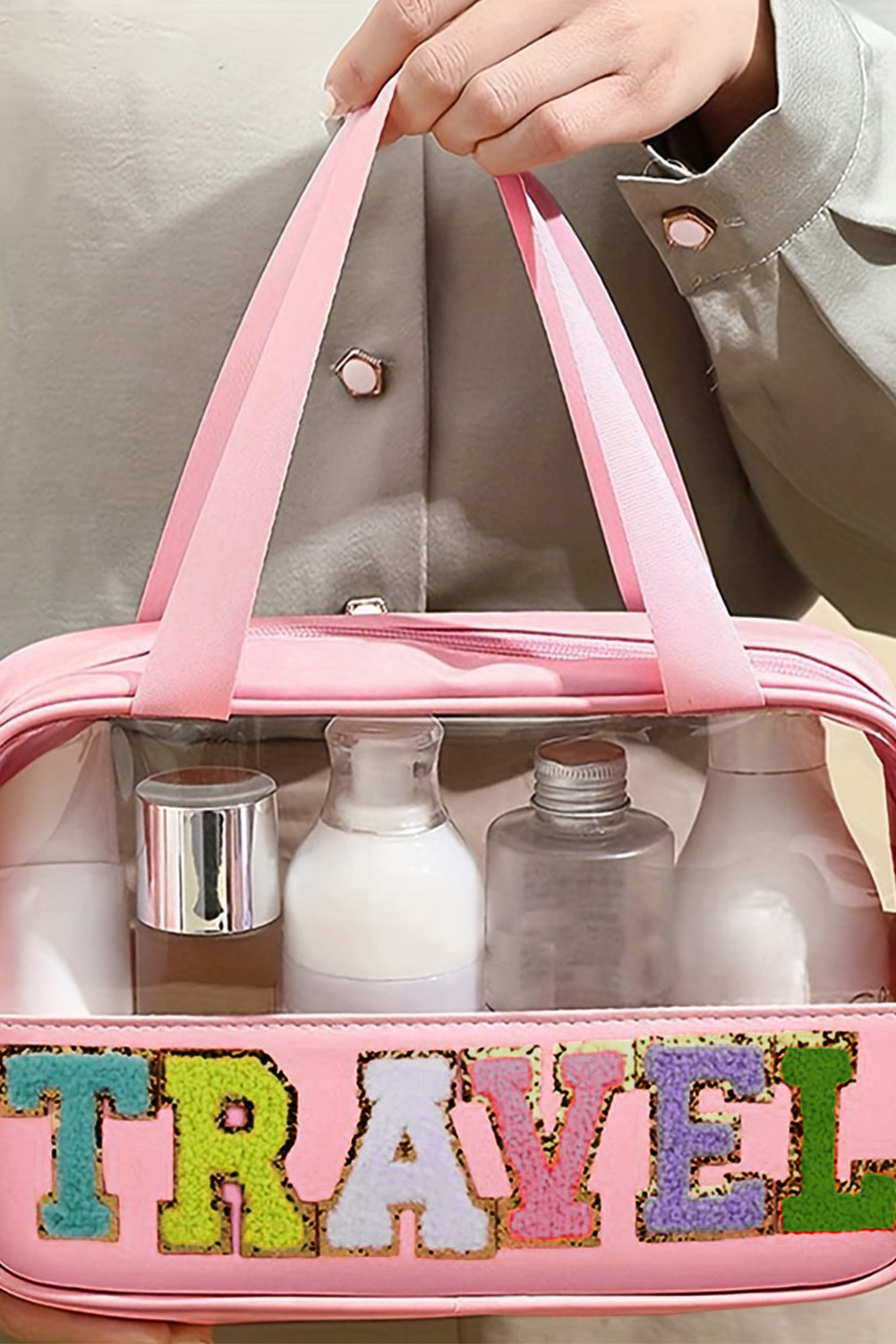 浅粉色 TRAVEL 雪尼尔字母透明 PVC 化妆包 BH03501