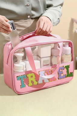 浅粉色 TRAVEL 雪尼尔字母透明 PVC 化妆包