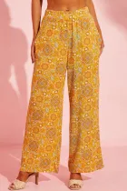 黄色波西米亚花卉印花口袋阔腿裤
