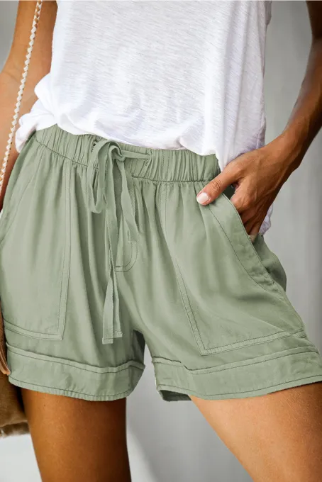 浅绿色夏季舒适口袋女士休闲抽绳短裤