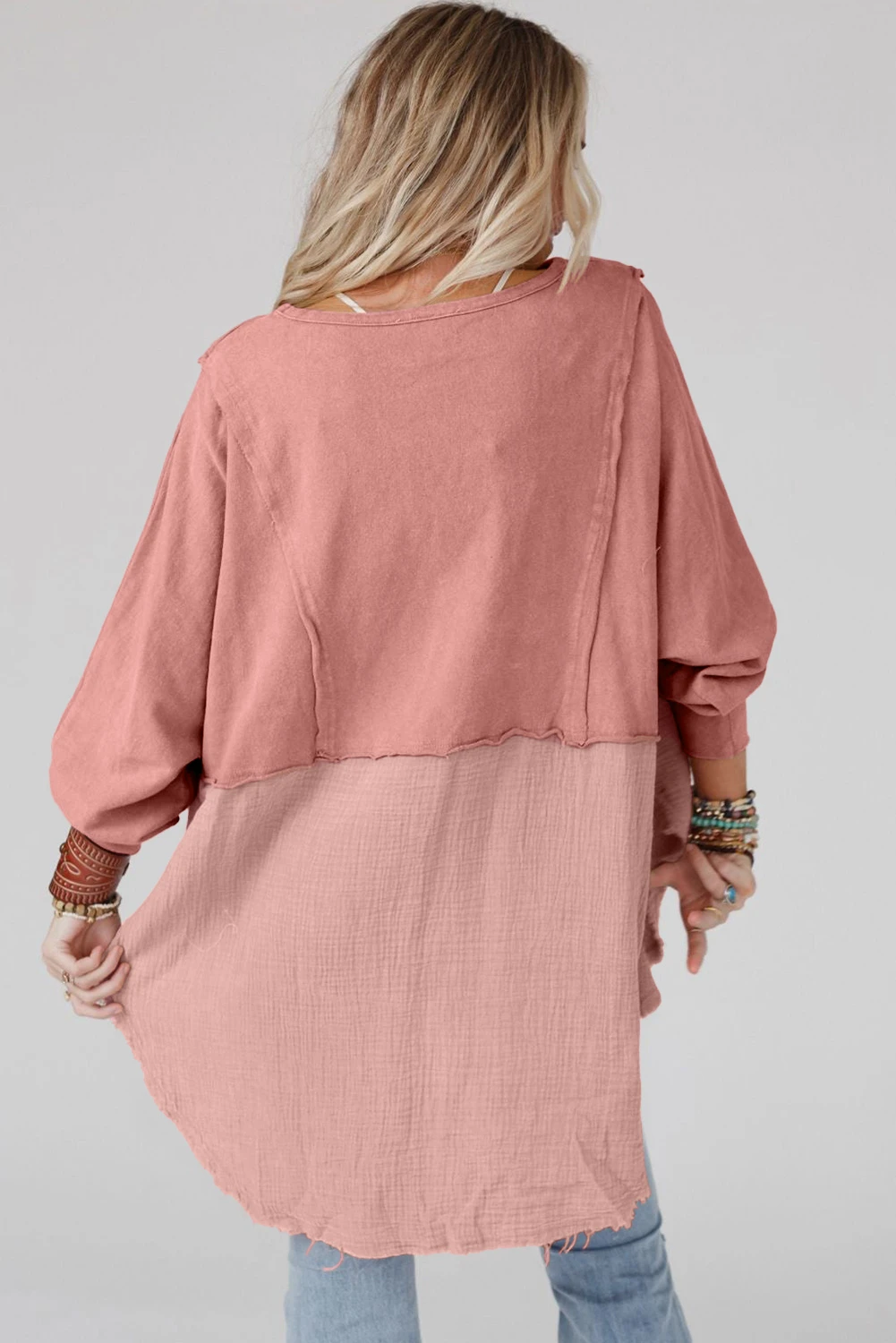 玫瑰粉色褶皱拼接毛边高低超大衬衫 LC25122718