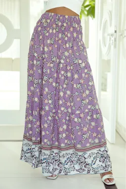 紫色花卉印花优雅飘逸半身高腰长裙