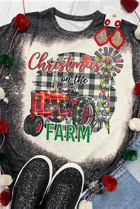 黑色圣诞农场图案漂白 T 恤