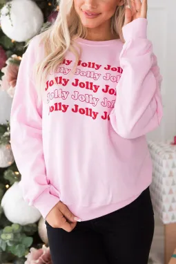 粉色圣诞快乐字母印花套头运动衫