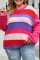 粉色大码条纹针织绒球泡泡袖毛衣
