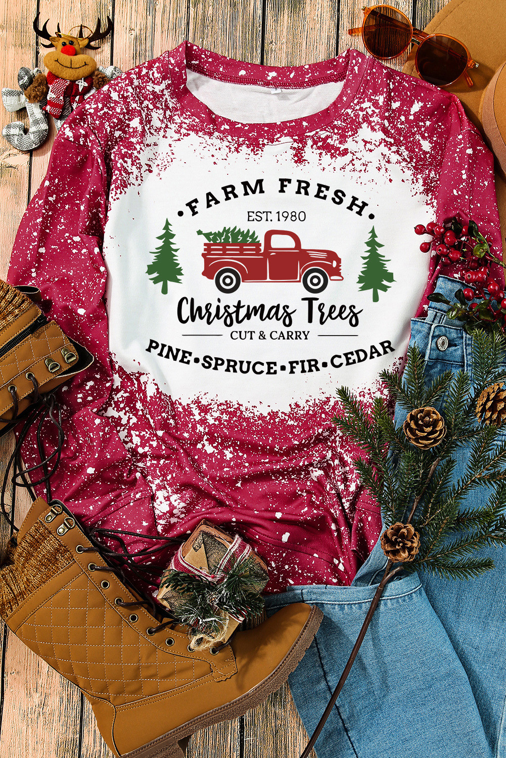 红色圣诞树卡车印花图案运动衫 LC25310375