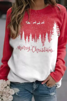 红色圣诞快乐驯鹿树图案套头运动衫