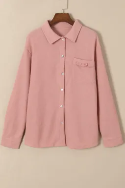 粉色褶边口袋华夫格针织衬衫