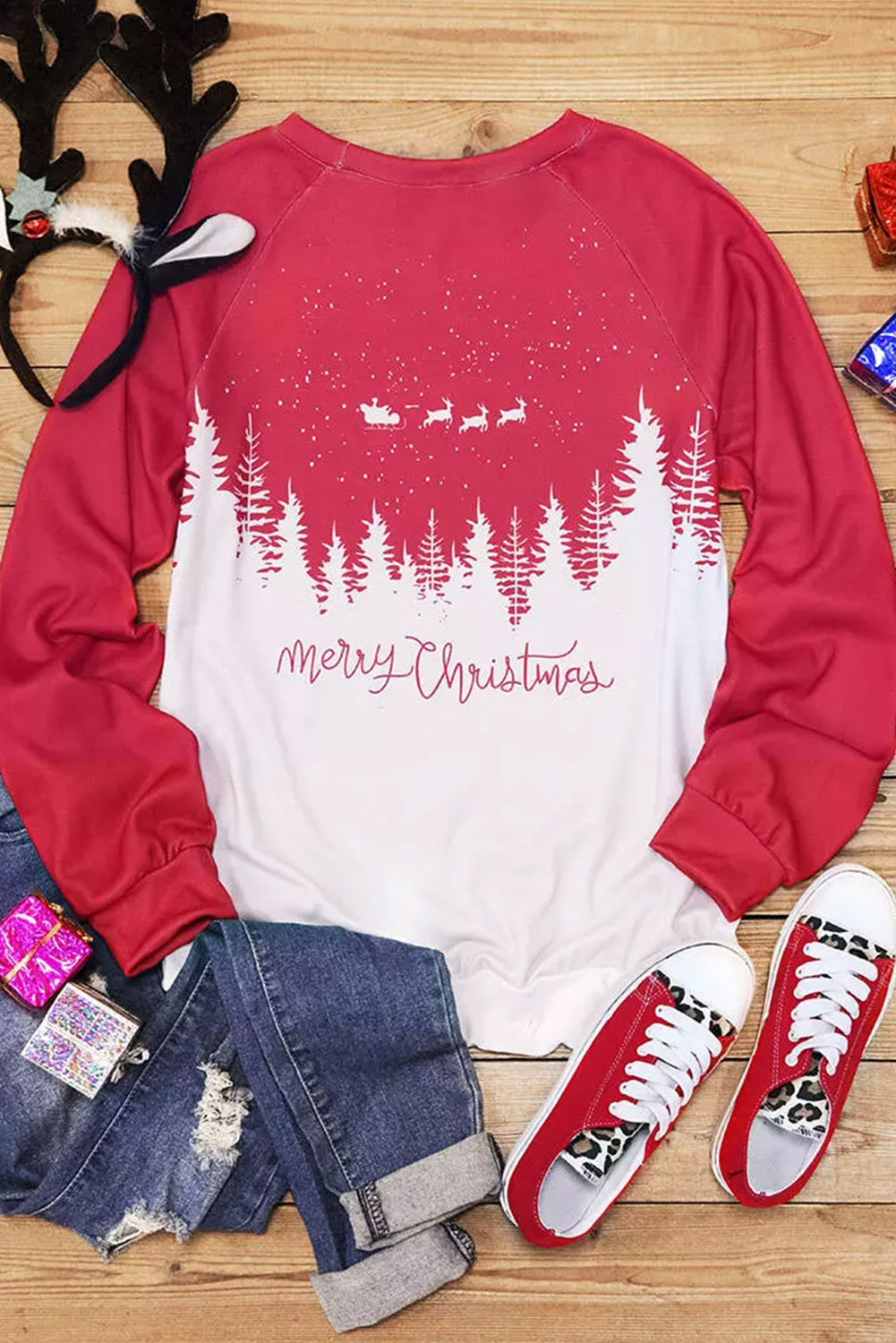 红色圣诞快乐驯鹿树图案套头运动衫 LC25222658