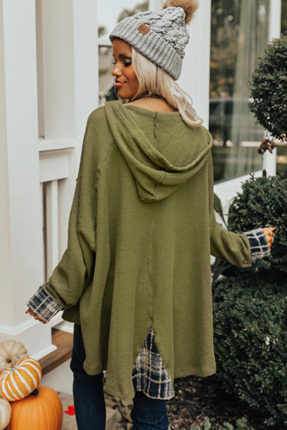 Green Flowy Plaid Accent Waffle Knit Henley Hoodie LC25122610
