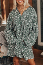 Green Floral Print Collared Puff Sleeve Babydoll Dress