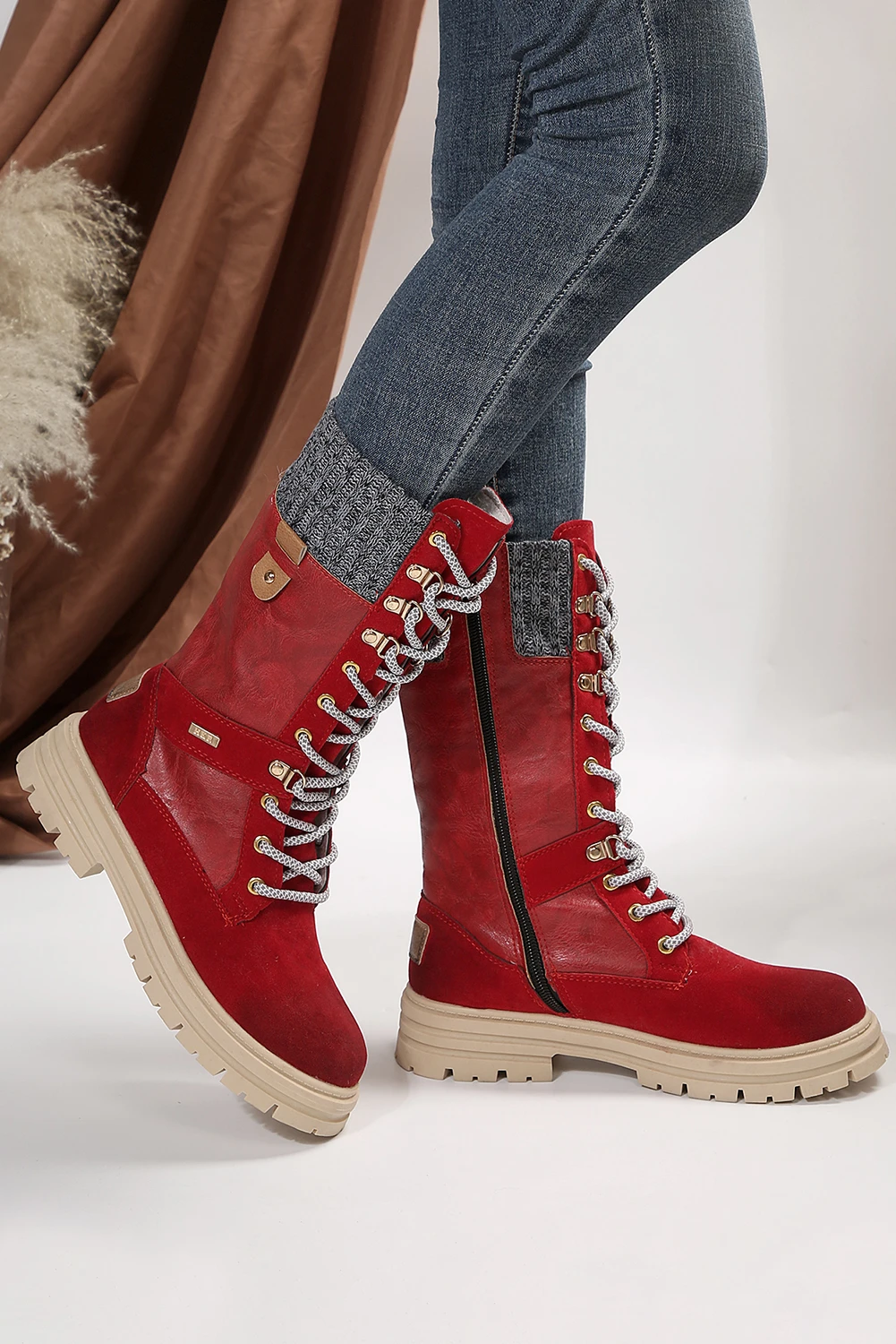 红色针织拼布系带女靴 BH021849