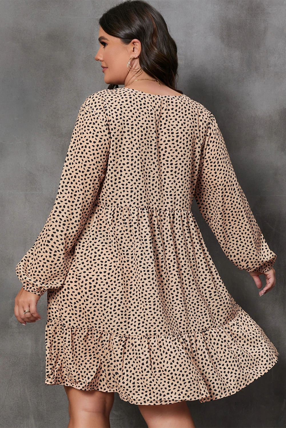 棕色豹纹斑点印花分层长袖大码连衣裙 PL61908
