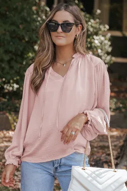 粉色褶裥灯笼袖抽绳 V 领衬衫