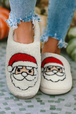 白色圣诞老人图案毛绒拖鞋