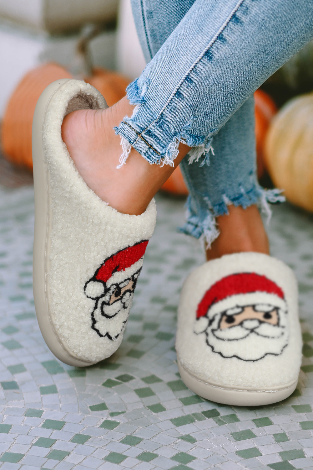 白色圣诞老人图案毛绒拖鞋 BH023093