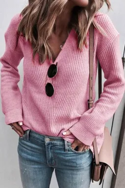 粉色罗纹针织 V 领毛衣