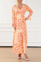 橙色波西米亚花卉裹身 V 领系带长袖连衣裙