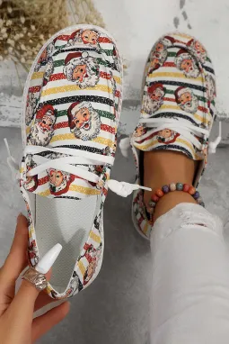 白色圣诞老人条纹印花一脚蹬休闲鞋