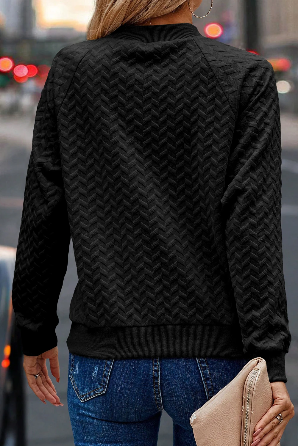 黑色纯色纹理插肩袖套头衫 LC25315905